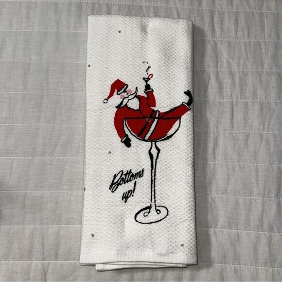 kate spade Jolly Santa Raise a Glass White Gold Red Cotton Kitchen 2 Towel Set - Picture 2 of 7